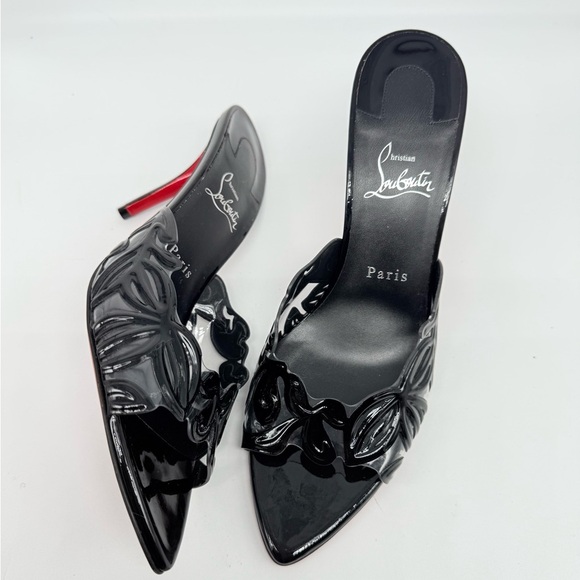 Christian Louboutin Black Patent Leather Petunia Apostropha cutout Mules 40.5 - Picture 3 of 10